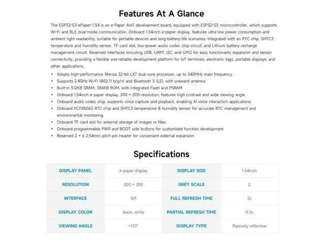 Alt view image 4 of 7 - ESP32-S3 1.54inch e-Paper AIoT Development Board, 200 × 200, Black/White, Supports Wi-Fi and BLE Dual-Mode Communication, No Battery Included