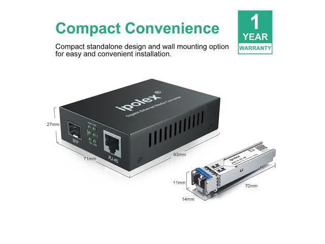 Alt view image 7 of 7 - Gigabit Single-Mode LC Fiber to Ethernet Media Converter, with A SFP EX Module, 1310nm, SMF, up to 40-KM, 1.25G Fiber to Copper Media Converter, 1000Base-EX to 10/100/1000Base-TX