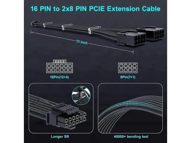 Alt view image 2 of 7 - 13 Inch Black PCIe 5.0 12VHPWR 16Pin(12+4) Male to Dual 8Pin Female GPU Power Extension Cable, Compatible with RTX 4070 / 4070 Super / 4070Ti