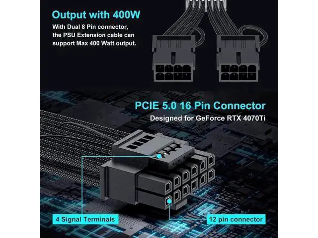 Alt view image 3 of 7 - 13 Inch Black PCIe 5.0 12VHPWR 16Pin(12+4) Male to Dual 8Pin Female GPU Power Extension Cable, Compatible with RTX 4070 / 4070 Super / 4070Ti