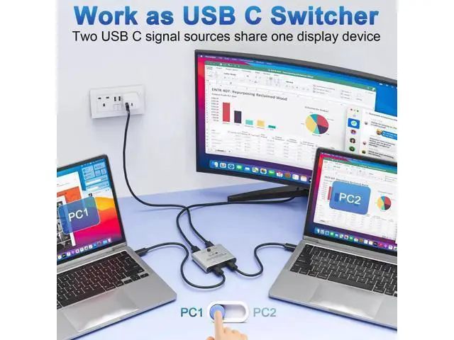 Alt view image 6 of 7 - Bi-Directional USB-C KVM Switch, 8K@60Hz 4K@144Hz Video, 100W PD & 10Gbps Data Transfer with Power Cable