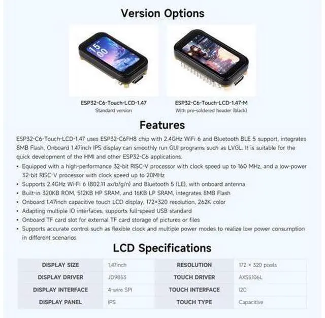 Alt view image 4 of 7 - ESP32-C6 1.47inch Touch Display Development Board, 172×320 Resolution, 262K Display Color, Supports Wi-Fi 6 / BLE 5, 160MHz RISC-V Processor