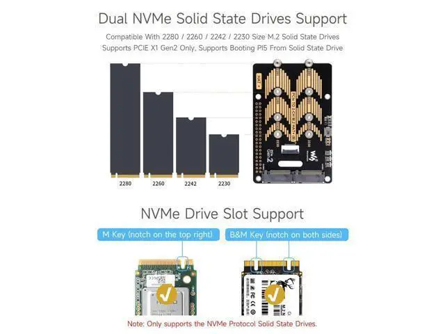 Alt view image 5 of 7 - PCIe to 2-CH M.2 HAT, Compatible with Raspberry Pi 5, Support M.2 NVMe Solid State Drive 2230 2242 2280, High-Speed Reading/Writing