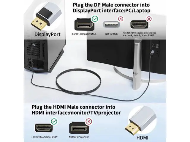 Alt view image 2 of 7 - 6FT/1.8M Nylon Braided Uni-Directional DP 1.2 to HDMI 1.4 Cable, Supports 4K@60Hz 2K@144Hz 3D UHD for Dell Lenovo HP NVIDIA AMD Monitor PC