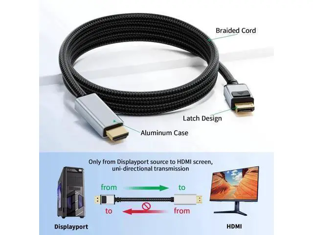 Alt view image 4 of 7 - 6FT/1.8M Nylon Braided Uni-Directional DP 1.2 to HDMI 1.4 Cable, Supports 4K@60Hz 2K@144Hz 3D UHD for Dell Lenovo HP NVIDIA AMD Monitor PC