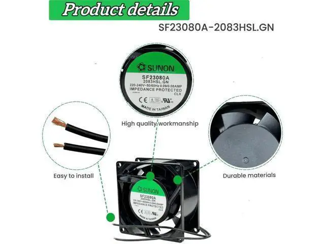 Alt view image 6 of 6 - SUNON SF23080A-2083HBL.GN SF Series 8038 Cabinet Cooling Fan, 220-240V 50/60Hz 0.09/0.08A 2850RPM Axial Fan