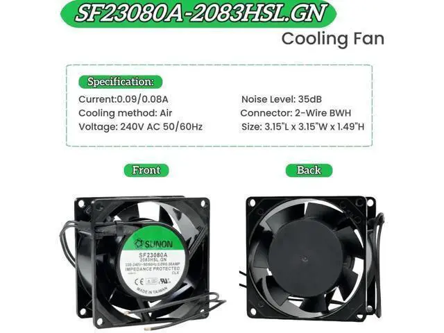 Alt view image 5 of 6 - SUNON SF23080A-2083HBL.GN SF Series 8038 Cabinet Cooling Fan, 220-240V 50/60Hz 0.09/0.08A 2850RPM Axial Fan