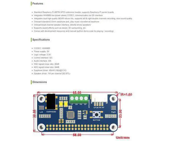 Alt view image 5 of 7 - WM8960 Hi-Fi Sound Card HAT Stereo CODEC Playing and Recording I2S Interface for Raspberry Pi Zero/Zero W/Zero WH/2B/3B/3B+