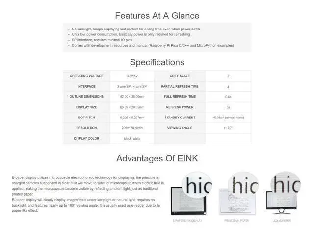Alt view image 5 of 7 - 2.9inch E-Paper E-Ink Display Module for Raspberry Pi Pico 296×128 Pixels Black/White Partial Refresh Support with SPI Interface