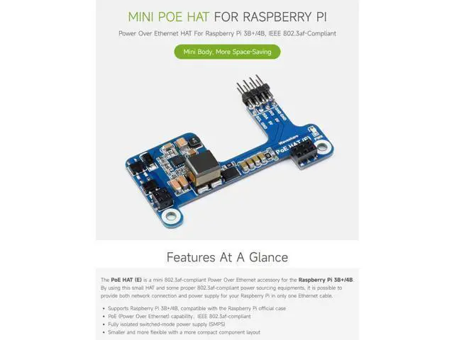 Alt view image 3 of 7 - PoE HAT (E) Compatible with Raspberry Pi 3B+/4B 802.3af-Compliant, Fully Isolated Switched-Mode Power Supply (SMPS)