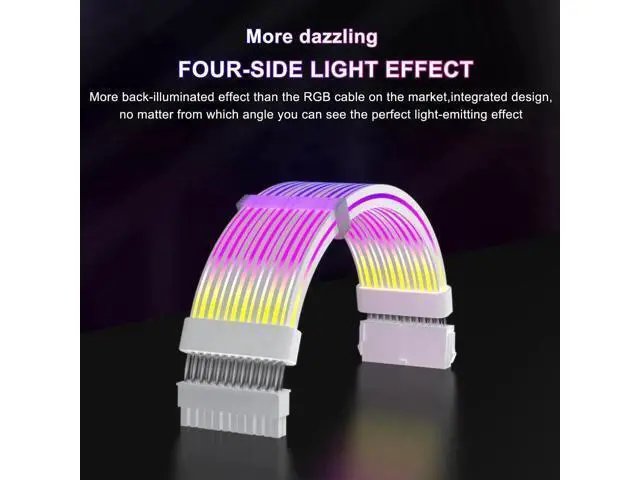 Alt view image 3 of 7 - White 24 Pin ARGB Motherboard PSU Extension Cable, 5V 3-Pin Addressable RGB 4-Sided Lighting PC Case Decor Cord