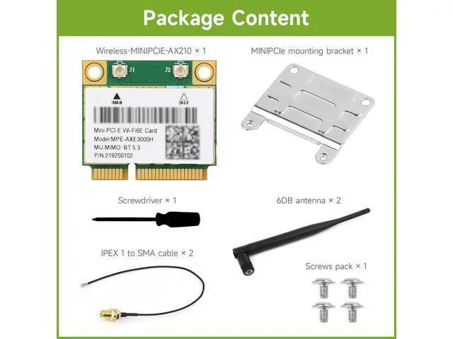 Alt view image 2 of 7 - Wireless MINIPCIE AX210 NIC, Compatible with Linux, Windows 10/11, Gigabit Tri-Band Wi-Fi 6E, 802.11AX Standard, Bluetooth 5.3