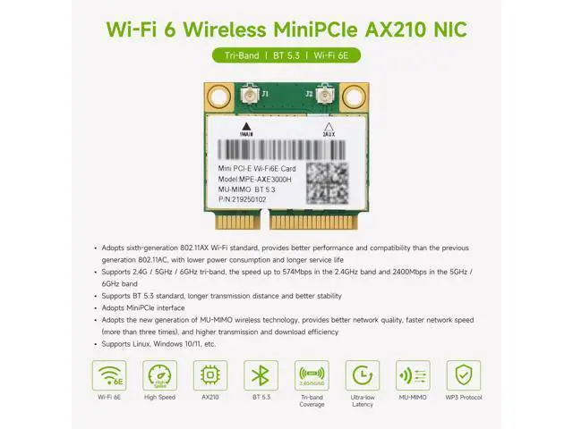 Alt view image 3 of 7 - Wireless MINIPCIE AX210 NIC, Compatible with Linux, Windows 10/11, Gigabit Tri-Band Wi-Fi 6E, 802.11AX Standard, Bluetooth 5.3