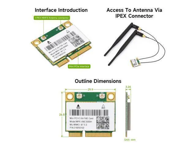 Alt view image 7 of 7 - Wireless MINIPCIE AX210 NIC, Compatible with Linux, Windows 10/11, Gigabit Tri-Band Wi-Fi 6E, 802.11AX Standard, Bluetooth 5.3