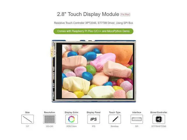 Alt view image 3 of 7 - 2.8inch Touch Display Module for Raspberry Pi Pico 262K Colors 320×240 Pixels Resistive Touch Controller XPT2046 ST7789 Driver Using SPI Bus
