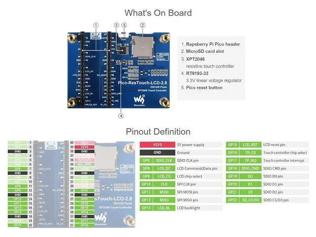 Alt view image 6 of 7 - 2.8inch Touch Display Module for Raspberry Pi Pico 262K Colors 320×240 Pixels Resistive Touch Controller XPT2046 ST7789 Driver Using SPI Bus