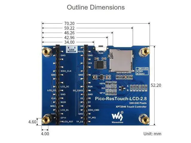 Alt view image 7 of 7 - 2.8inch Touch Display Module for Raspberry Pi Pico 262K Colors 320×240 Pixels Resistive Touch Controller XPT2046 ST7789 Driver Using SPI Bus