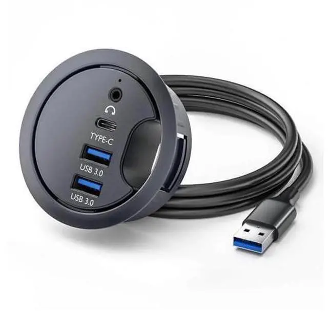 Main image of 60mm Desk Grommet Flush Mount USB 3.0 Dock Splitter, Built-in Sound Card with 2 USB-A, USB-C Port & Headset Mic Audio Jack for Desktop PC Office Desk