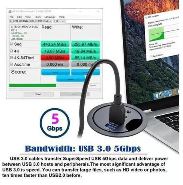 Alt view image 3 of 7 - 60mm Desk Grommet Flush Mount USB 3.0 Dock Splitter, Built-in Sound Card with 2 USB-A, USB-C Port & Headset Mic Audio Jack for Desktop PC Office Desk