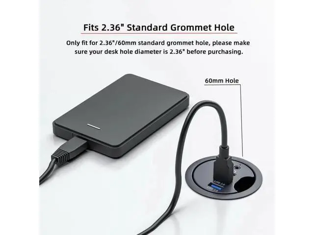 Alt view image 6 of 7 - 60mm Desk Grommet Flush Mount USB 3.0 Dock Splitter, Built-in Sound Card with 2 USB-A, USB-C Port & Headset Mic Audio Jack for Desktop PC Office Desk