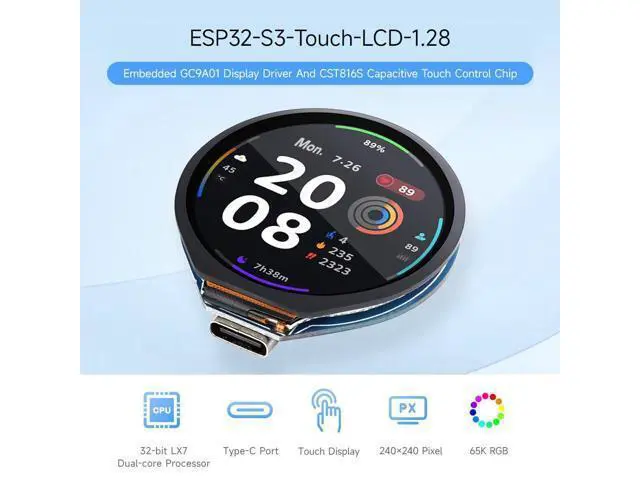 Alt view image 3 of 7 - ESP32-S3 Development Board, with 1.28inch Round Touch LCD, Compact Size, Accelerometer and Gyroscope Sensor