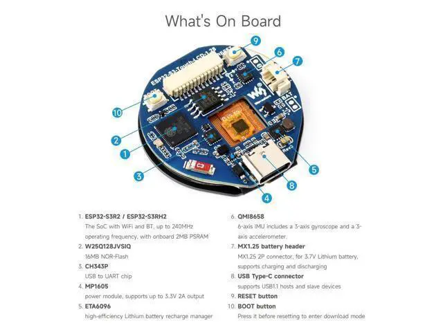 Alt view image 6 of 7 - ESP32-S3 Development Board, with 1.28inch Round Touch LCD, Compact Size, Accelerometer and Gyroscope Sensor
