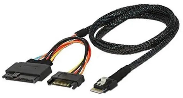 Alt view image 2 of 5 - Mini Slimline SAS SFF-8654 4i 38P to U.2 SFF-8639 Server Cable with SATA 15P Power, 24Gbps, 32AWG, 1m (39.37 Inch)