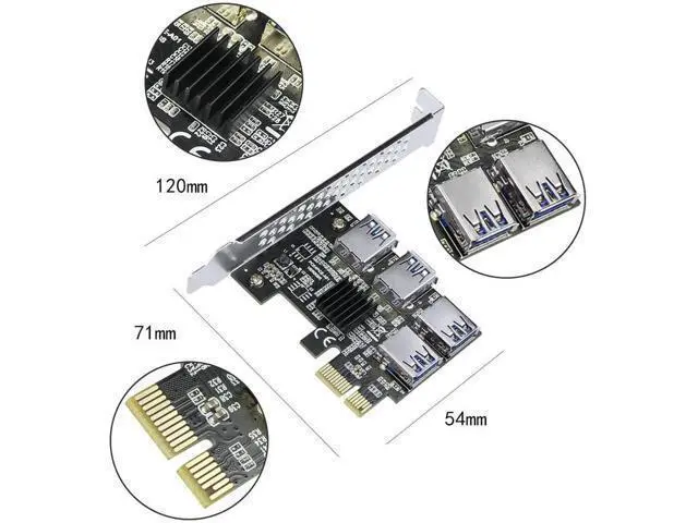Alt view image 6 of 7 - PCI-E 1X to 16X Riser Card, PCIe 1 to 4 Slot USB3.0 Adapter for Mining, No Cable