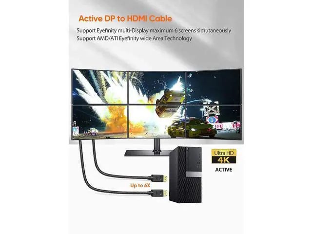 Alt view image 3 of 7 - 6FT Active DisplayPort to HDMI Braided Cable, 4K@30Hz 3D Eyefinity Multi-Screen Cord 1.83M Black for GPU Monitor