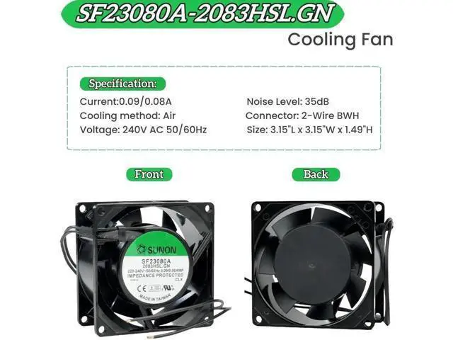 Alt view image 2 of 6 - SUNON SF23080A-2083HBL.GN 8038 Cabinet Cooling Fan, 220-240V 50/60Hz 0.08/0.09A 2850RPM Axial Fan