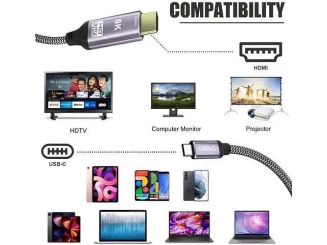 Alt view image 4 of 7 - 1.8M USB 3.1 Type-C to HDMI 2.1 Cable, 48Gbps Thunderbolt 3 Supported, 8K@30Hz 4K@120Hz UHD HDR Cord for HDTV Projector Monitor