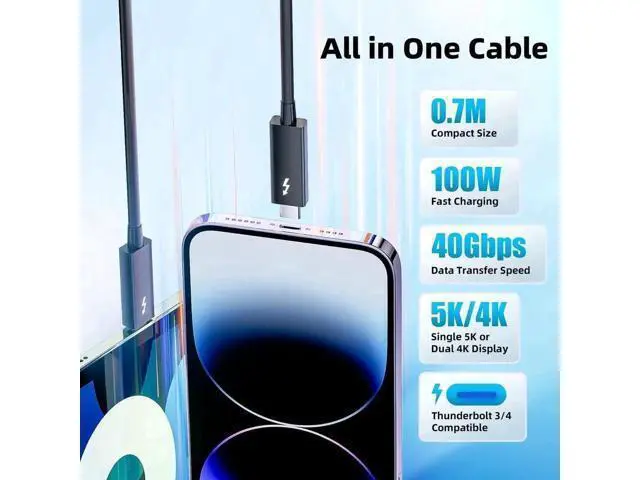 Alt view image 5 of 7 - 2.3ft/0.7m Thunderbolt 3 Cable, USB-C to USB-C, 40Gbps, 100W Charging, 5K/4K@60Hz Video for MacBook, Docking Station, Dell, iPad Air 4 & iPad Pro 2025