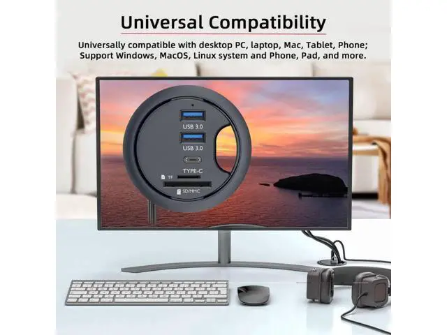 Alt view image 5 of 7 - USB 3.0 Flush Mount Desktop Hub, 60mm Grommet Hole Dock with 2 USB3.0, USB-C and SD/TF Card Reader for Office Desk Expansion