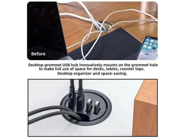 Alt view image 7 of 7 - USB 3.0 Flush Mount Desktop Hub, 60mm Grommet Hole Dock with 2 USB3.0, USB-C and SD/TF Card Reader for Office Desk Expansion