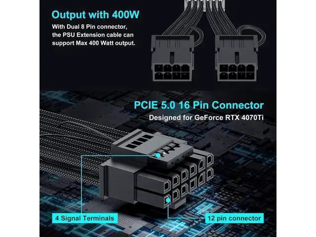 Alt view image 4 of 7 - PCIe 5.0 12VHPWR 16Pin (12+4) Male to Dual 8Pin Female GPU Power Extension Cable, 13 Inch Sleeved 12V-2x6 Adapter Cord, Compatible with RTX 4070 / 4070 Ti / 4070 Super Graphics Cards, Black