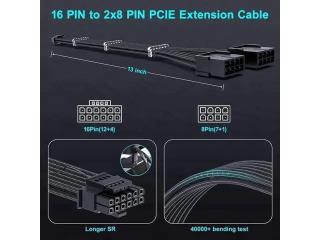 Alt view image 7 of 7 - PCIe 5.0 12VHPWR 16Pin (12+4) Male to Dual 8Pin Female GPU Power Extension Cable, 13 Inch Sleeved 12V-2x6 Adapter Cord, Compatible with RTX 4070 / 4070 Ti / 4070 Super Graphics Cards, Black