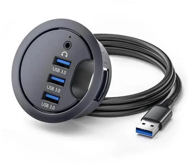 Main image of 60mm Desk Grommet Flush Mount USB 3.0 Dock Splitter, 3-Port USB Hub with Built-in Sound Card & Headset Mic AUX Audio Interface for Desktop Office PC