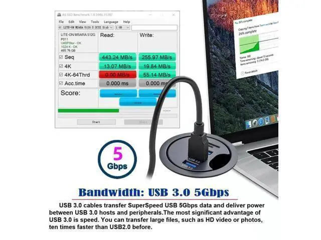 Alt view image 4 of 7 - 60mm Desk Grommet Flush Mount USB 3.0 Dock Splitter, 3-Port USB Hub with SD & TF Micro SD Card Reader for Office Desktop PC Cable Hole Expansion