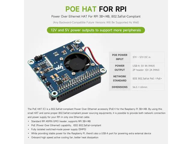 Alt view image 3 of 5 - Power Over Ethernet HAT, Compatible with Raspberry Pi 3B+/4B, PoE/PoE+ Capability, IEEE 802.3af/at-Compliant,12V and 5V Power Outputs to Support More Peripherals