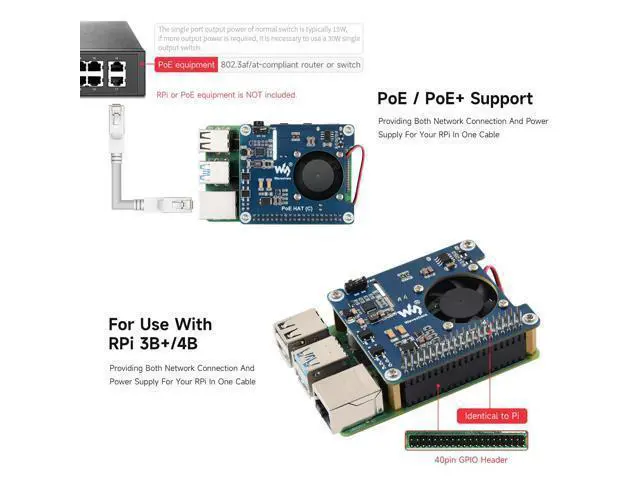 Alt view image 4 of 5 - Power Over Ethernet HAT, Compatible with Raspberry Pi 3B+/4B, PoE/PoE+ Capability, IEEE 802.3af/at-Compliant,12V and 5V Power Outputs to Support More Peripherals