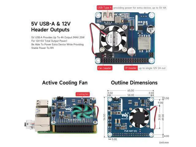 Alt view image 5 of 5 - Power Over Ethernet HAT, Compatible with Raspberry Pi 3B+/4B, PoE/PoE+ Capability, IEEE 802.3af/at-Compliant,12V and 5V Power Outputs to Support More Peripherals