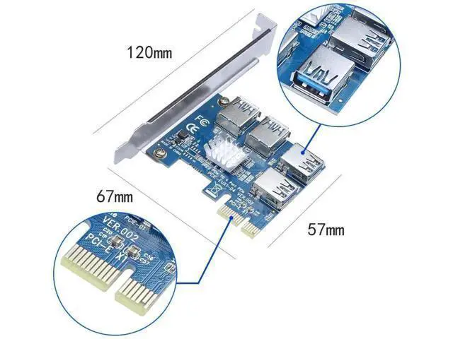 Alt view image 2 of 7 - PCI-E 1X to 4 PCIe X16 Riser Card, 1-to-4 Multiplier Adapter with USB3.0 Cable for Mining Rig