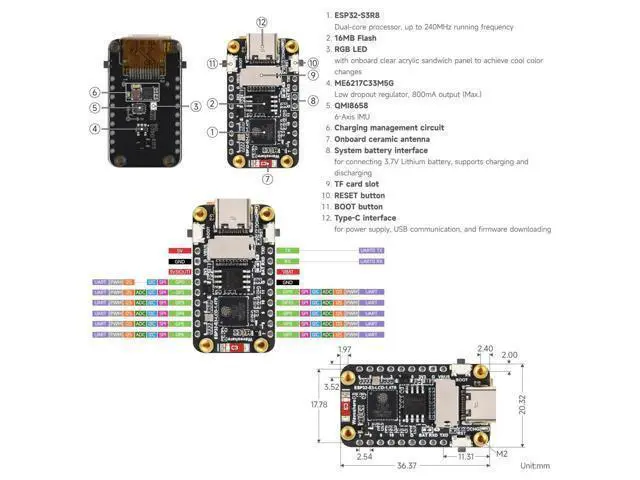 Alt view image 5 of 5 - ESP32-S3 1.47inch LCD Display Development Board, 172×320 Resolution, 262K Display Color, 2.4GHz Wi-Fi/BLE 5, 240MHz LX7 Dual-core Processor, ESP32 with Display, with Pre-soldered Header