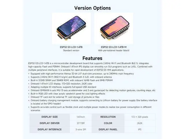 Alt view image 3 of 5 - ESP32-S3 1.47inch LCD Display Development Board, 172×320 Resolution, 262K Display Color, 2.4GHz Wi-Fi/BLE 5, 240MHz LX7 Dual-core Processor, ESP32 with Display, with Pre-soldered Header