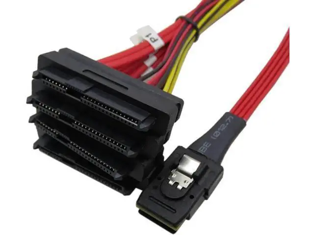 Alt view image 2 of 3 - Internal Mini SAS SFF-8087 36Pin 4i to 4×SFF-8482 29Pin SAS Hard Drive Cable with 4×4Pin SATA Power, 10cm Short Red Server Storage Cable