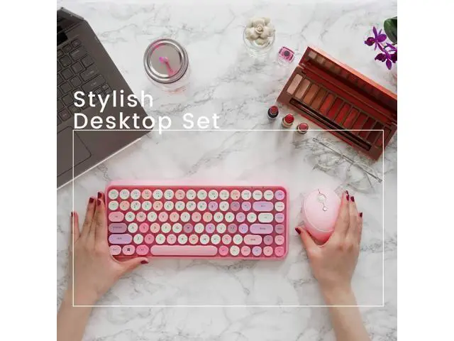 Alt view image 2 of 6 - Wireless Mini Keyboard and Mouse Combo Vintage Round Keycaps Pink