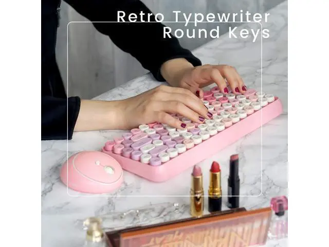 Alt view image 3 of 6 - Wireless Mini Keyboard and Mouse Combo Vintage Round Keycaps Pink