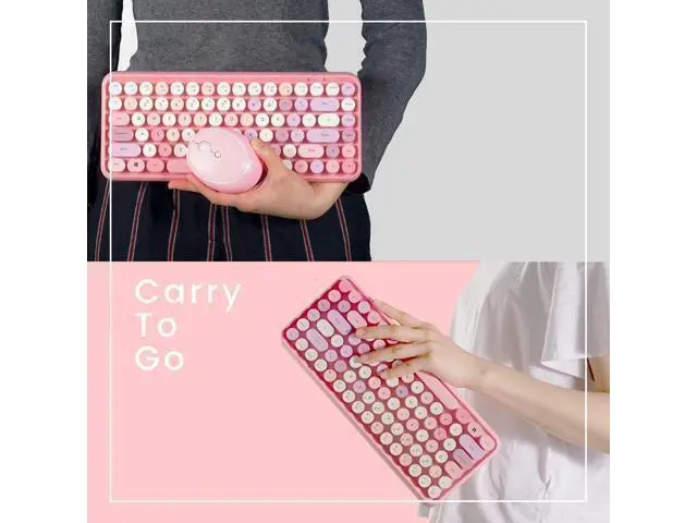 Alt view image 5 of 6 - Wireless Mini Keyboard and Mouse Combo Vintage Round Keycaps Pink
