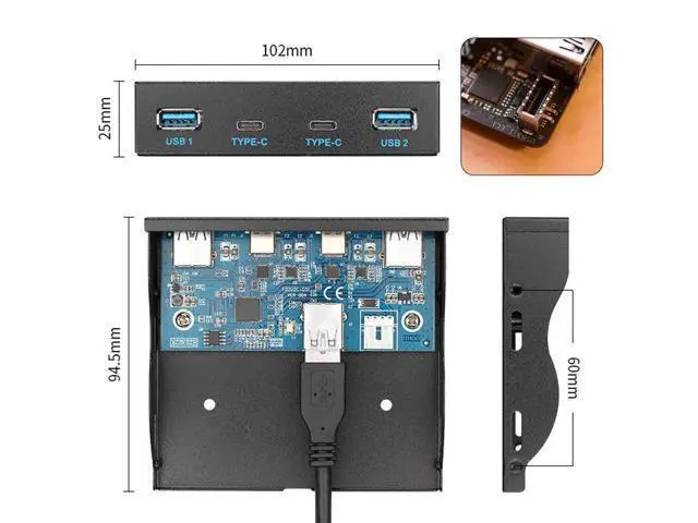 Alt view image 2 of 7 - 4 Ports 2 USB C 2 USB 3.0 to USB 3.1 Type E Front Panel Header USB HUB Port Multiplier Expansion Adapter for 3.5" Floppy Bay