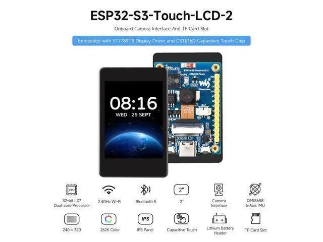 Alt view image 3 of 7 - ESP32-S3 2inch Capacitive Touch Display Development Board, 240×320 Pixels, IPS Panel, 32-bit LX7 Dual-core Processor, Up to 240MHz Frequency, NOT Include OV560 Camera